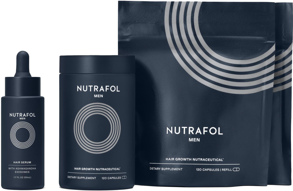 Nutrafol Men hair growth supplements and serum in dark navy packaging on a minimal background.