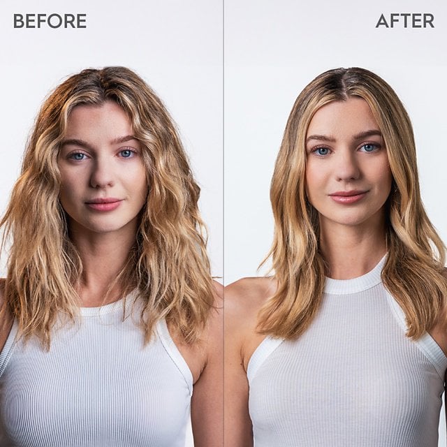 Before and after results showing visibly smoother, hydrated, and shinier hair after using Kerasilk Hydrating Essence.
