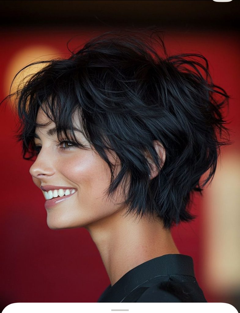 Short textured black haircut with tousled layers and a soft, modern finish.