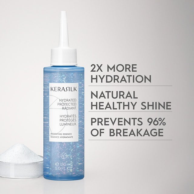 Kerasilk Hydrating Essence product image showcasing benefits: 2x hydration, natural shine, and 96% breakage prevention.
