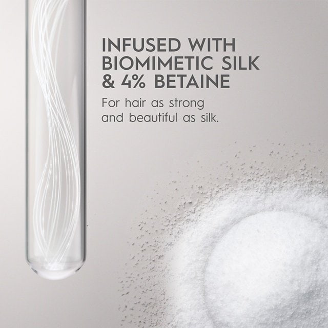 Kerasilk graphic highlighting Biomimetic Silk and 4% Betaine for stronger, silkier, hydrated hair.