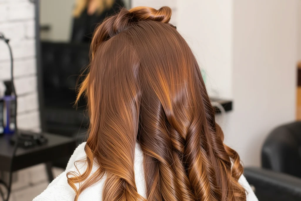 Caramel balayage hair with soft blended highlights and glossy waves