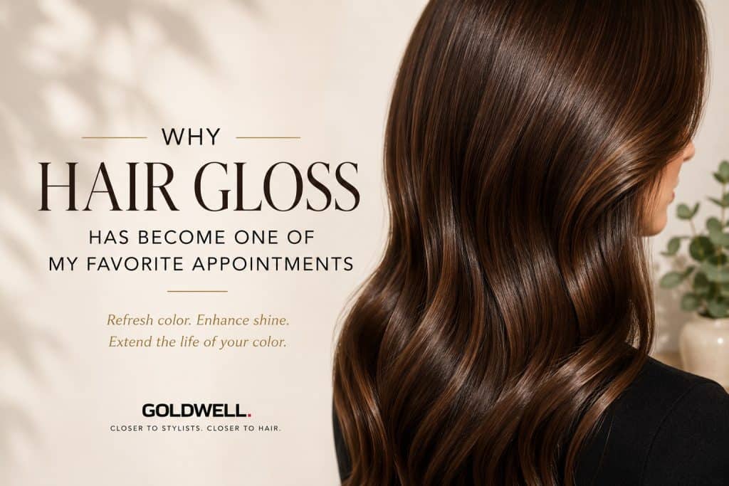 Glossy brunette hair reflecting light with healthy shine after a professional gloss service