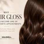 Glossy brunette hair reflecting light with healthy shine after a professional gloss service