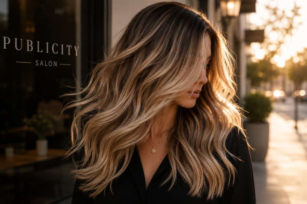 Woman with healthy, dimensional hair moving naturally in soft evening light