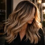 Woman with healthy, dimensional hair moving naturally in soft evening light