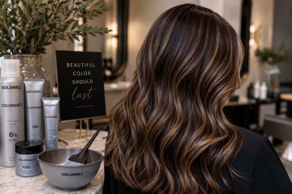 Healthy dimensional brunette hair with reflective shine after professional Goldwell color