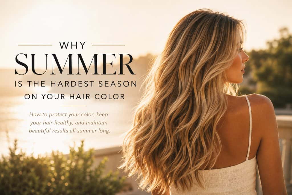 Woman with healthy dimensional blonde hair outdoors during golden hour in Oklahoma