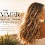 Woman with healthy dimensional blonde hair outdoors during golden hour in Oklahoma